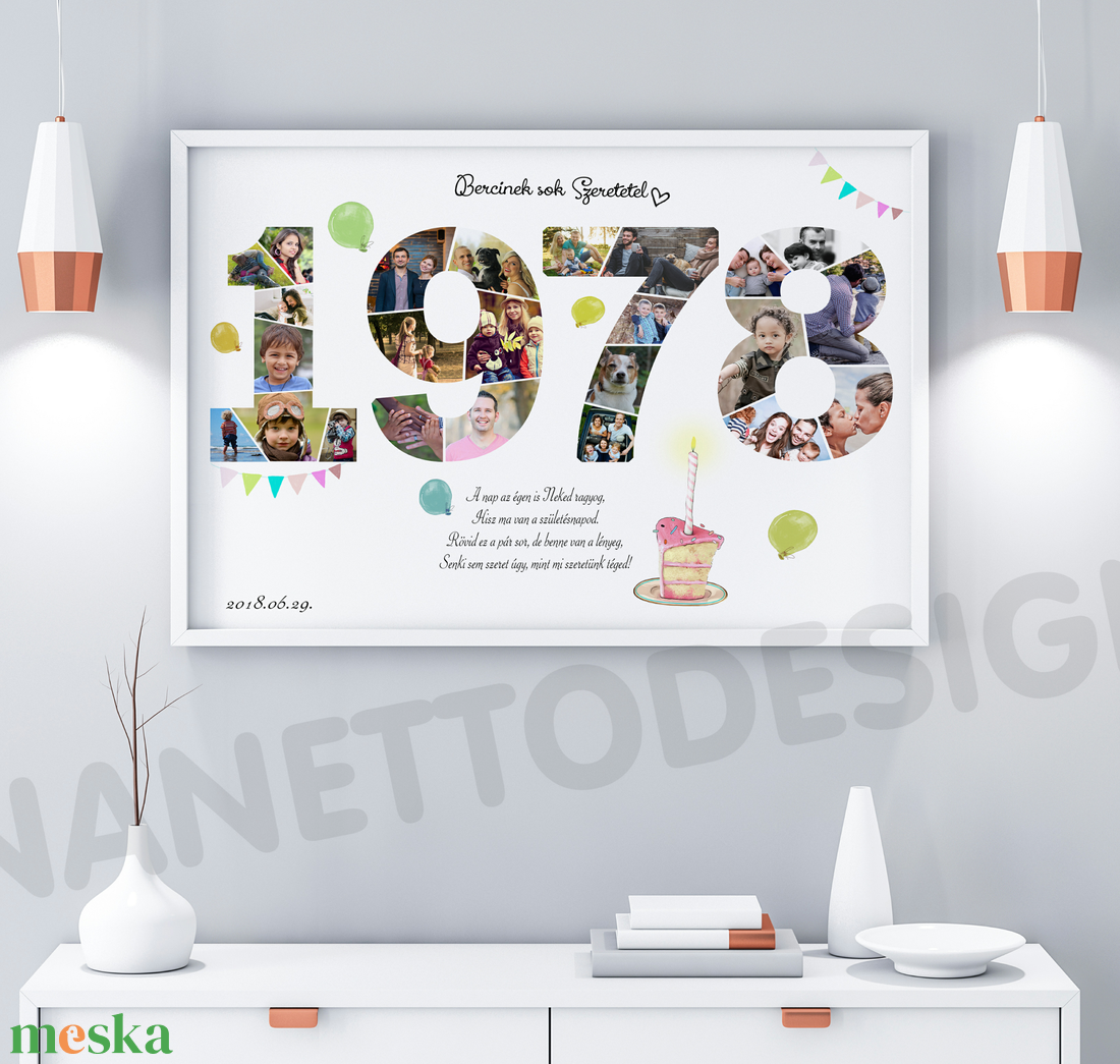 Egyedi fényképes szülinapi poszter kerettel, Kerekévforduló 40 50 60 éves emléklap, Egyedi ajándék kollázs montázs print - otthon & életmód - dekoráció - kép & falikép - poszter - Meska.hu