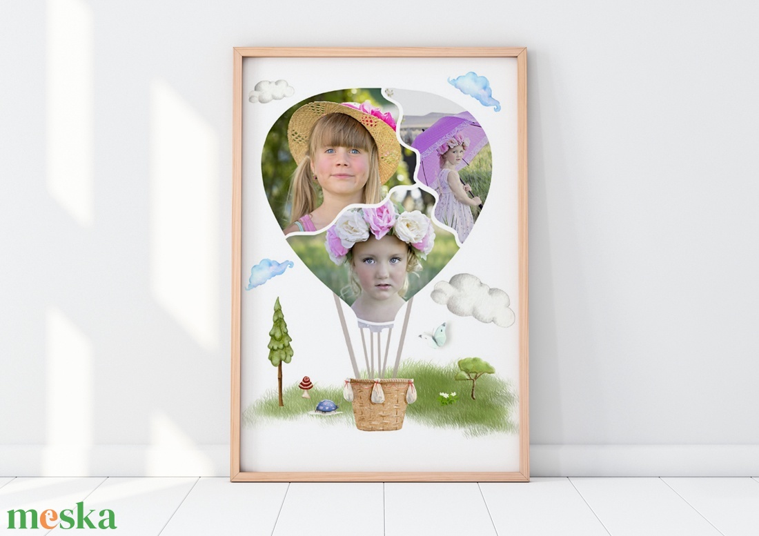 Fényképes kislány szülinapi poszter, Emléklap gyerekposzter fotós ajándék kollázs, Gyerekzsúr ajándék ötlet, hőlégballon - művészet - kollázs - Meska.hu