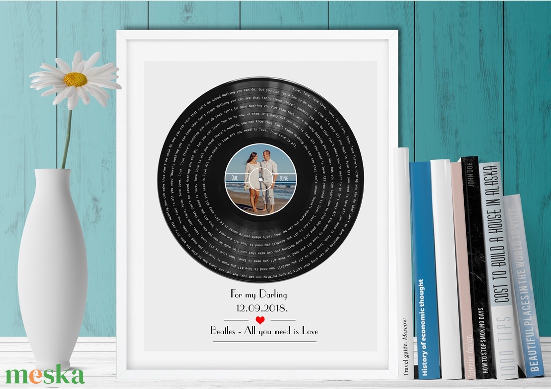 Egyedi fényképes bakelit retro lemez poszter kerettel, Saját dalszöveggel fotóval kerekévforduló, nászajándék barátnő - otthon & életmód - dekoráció - kép & falikép - poszter - Meska.hu