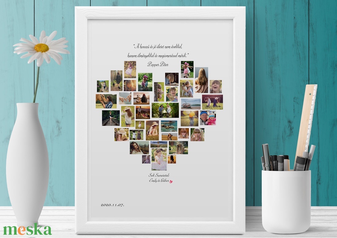 Egyedi szív alakú fényképes szülinapi poszter kerettel, fotókollázs kép montázs, kerekévforduló, nyugdijbamenetel heart - otthon & lakás - dekoráció - kép & falikép - poszter - Meska.hu