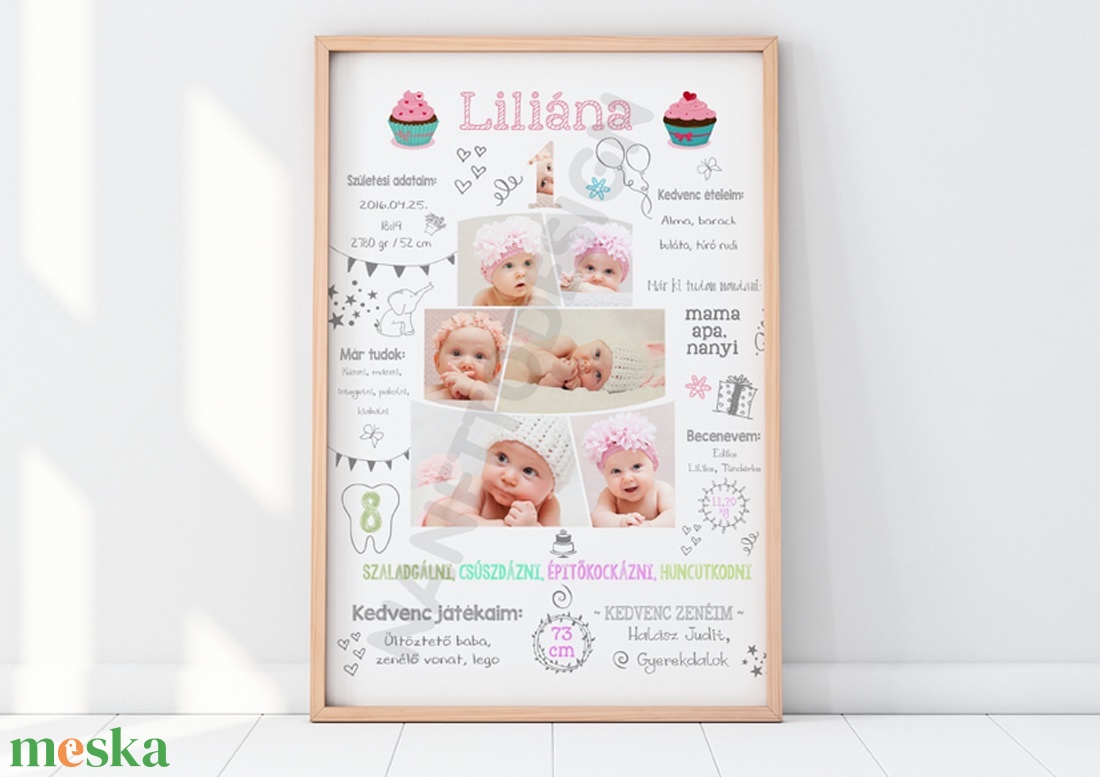 Kislány 1 éves szülinapi torta poszter, Babalátogató szülinapi emléklap fotókollázs, Info babanapló montázs milestone - otthon & életmód - babaszoba, gyerekszoba - babaszoba kép - Meska.hu
