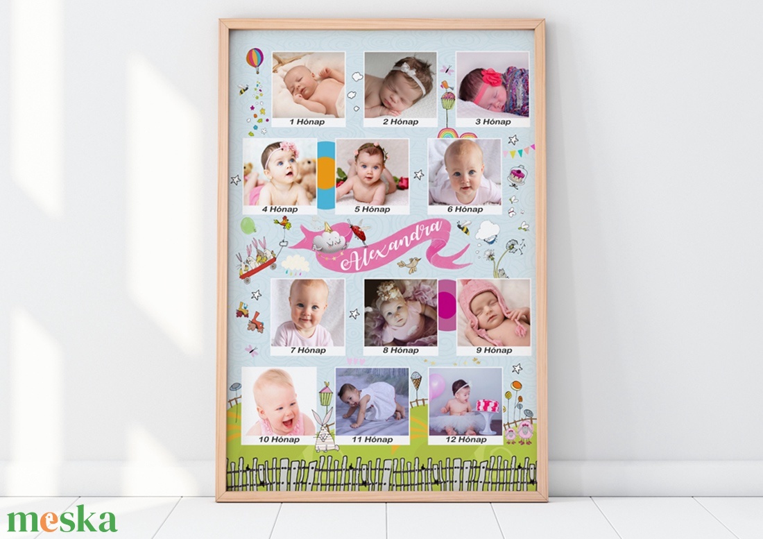 Fényképes 1 éves kislány szülinapi poszter, 12 hónapos baba milestone napló, Infoposzter babanapló egyedi ajándék zsúr - otthon & életmód - babaszoba, gyerekszoba - babaszoba kép - Meska.hu