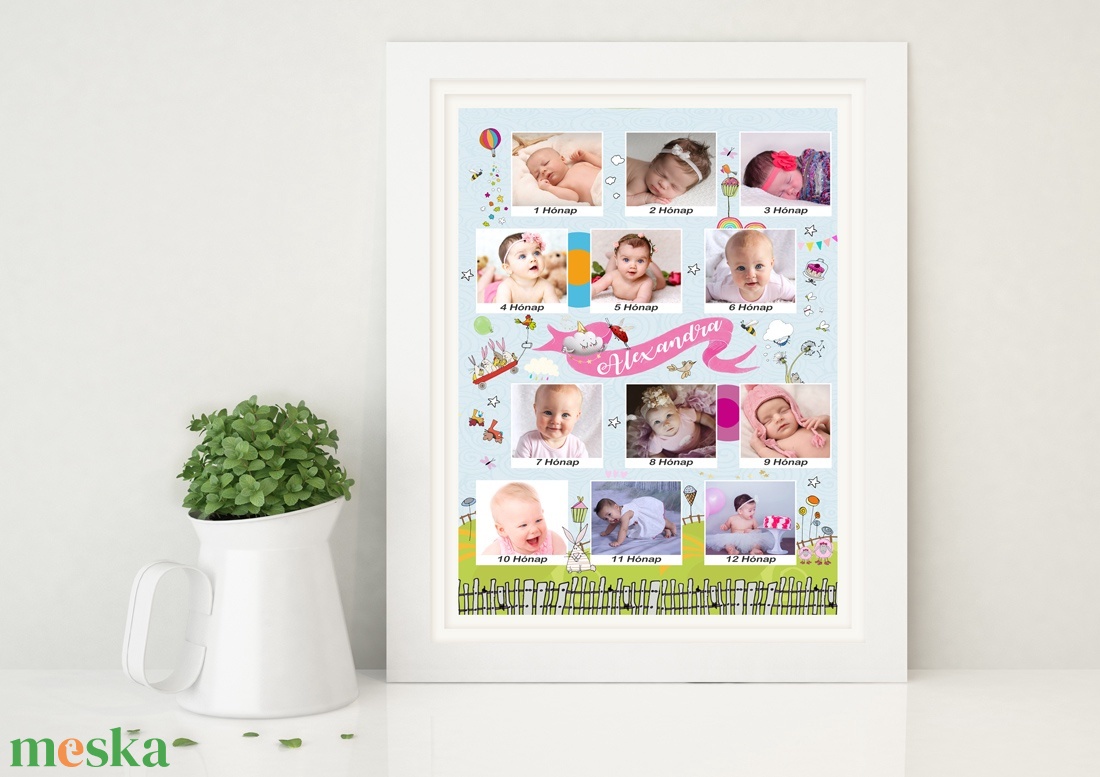 Fényképes 1 éves kislány szülinapi poszter, 12 hónapos baba milestone napló, Infoposzter babanapló egyedi ajándék zsúr - otthon & életmód - babaszoba, gyerekszoba - babaszoba kép - Meska.hu