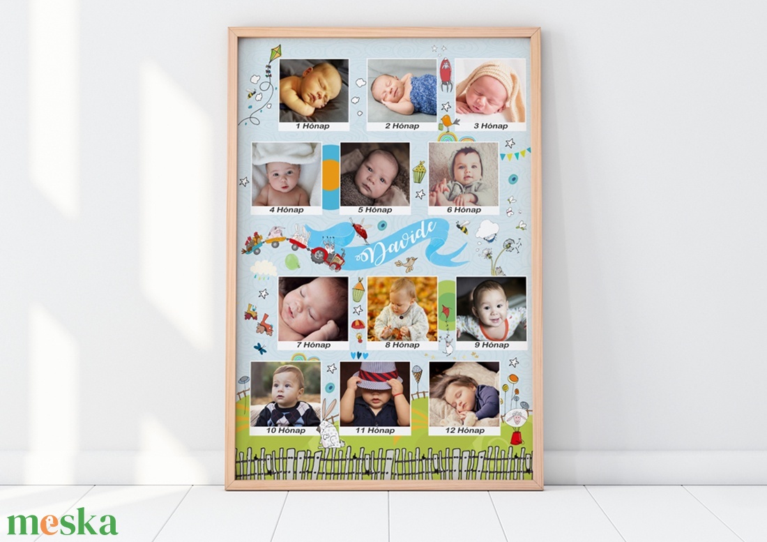 Fényképes 1 éves kisfiú szülinapi poszter kerettel, 12 hónapos baba milestone napló, Babanapló egyedi ajándék milestone - otthon & életmód - babaszoba, gyerekszoba - babaszoba kép - Meska.hu