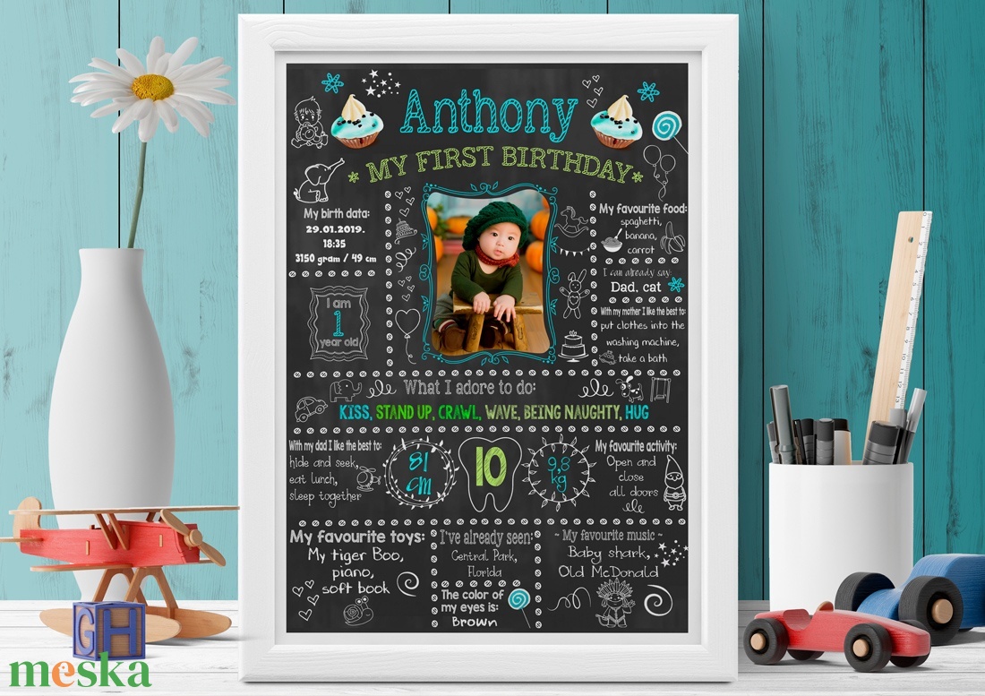Fényképes 1 éves kisfiú szülinapi táblaposzter emléklap, Baba infografika babalátogató ajándék Babanapló babastatisztika - otthon & lakás - babaszoba, gyerekszoba - babaszoba kép - Meska.hu