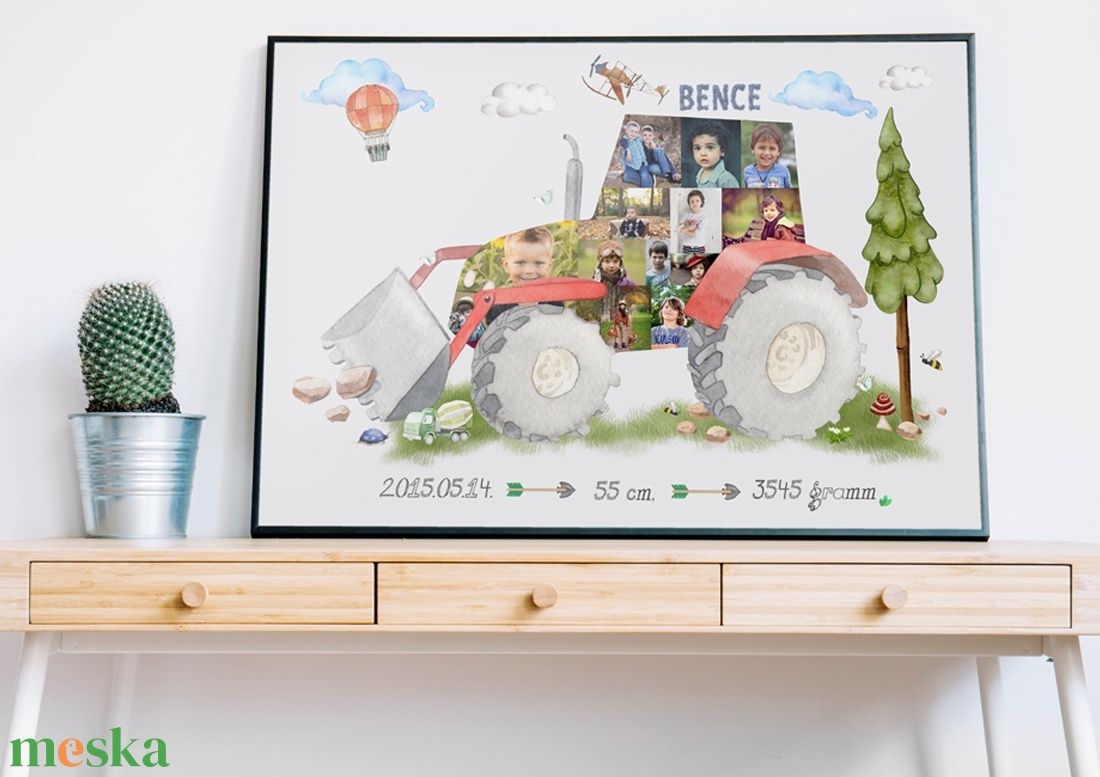 Egyedi kisfiú fényképes piros traktor szülinapi poszter, Szülinapi zsúr emléklap fotókollázs infoposzter milestone fotós - művészet - kollázs - Meska.hu