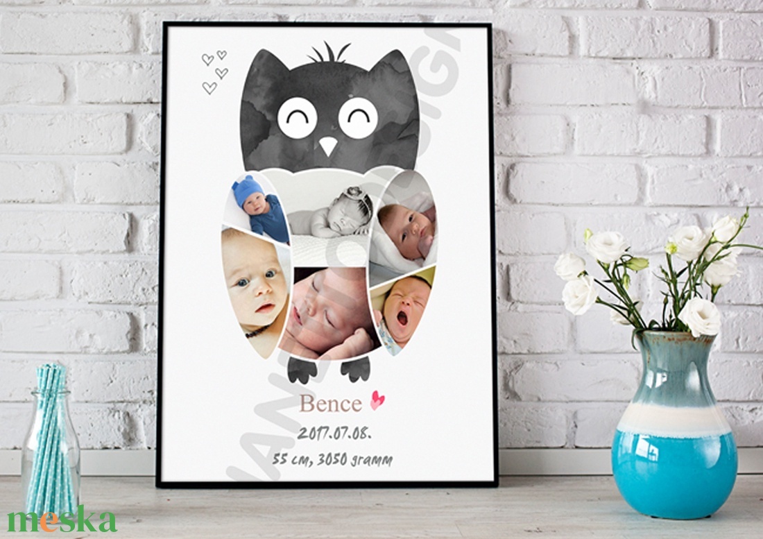 Fényképes baglyos babaposzter emléklap, Bagoly babastatisztika fotóval, Ajándék zsúrba, Babalátogató unisex - művészet - grafika & illusztráció - művészi nyomat - Meska.hu Fényképes baglyos babaposzter emléklap, Bagoly babastatisztika fotóval, Ajándék zsúrba, Babalátogató unisex - művészet - grafika & illusztráció - művészi nyomat - Meska.hu