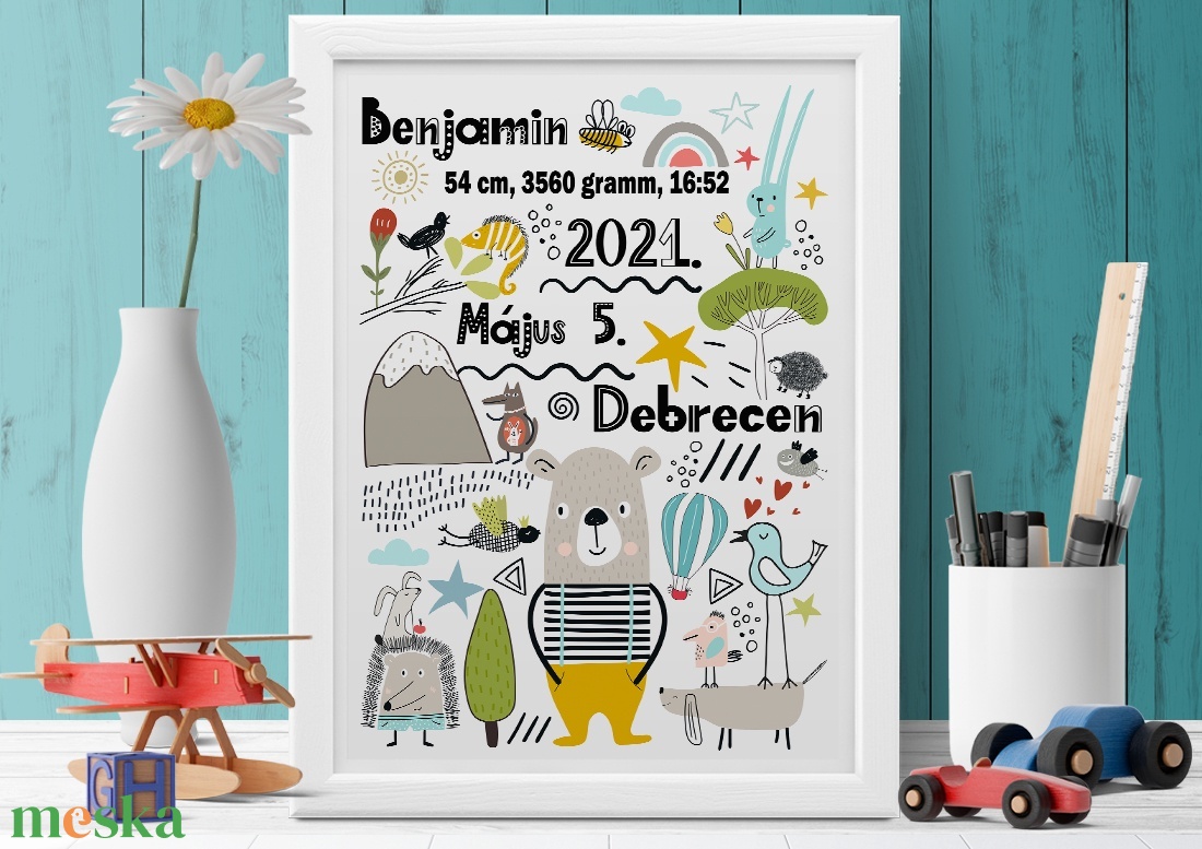 Születési emléklap poszter Macis újszülött kisfiú megérkeztem, Névre szóló babastatisztika szülinapi babaváró ajándék - otthon & életmód - babaszoba, gyerekszoba - babaszoba kép - Meska.hu