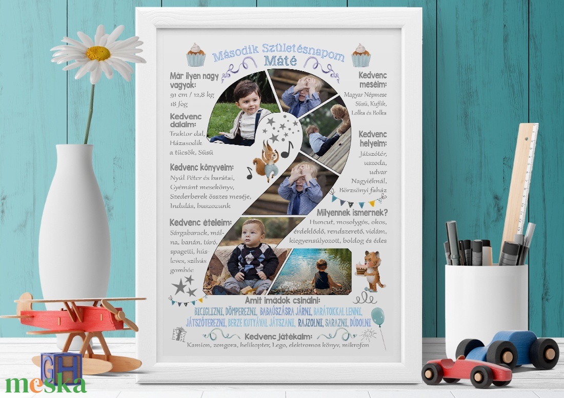 2 éves kisfiú születésnapi emléklap poszter, Egyedi személyre szóló keresztszülő szülinapi mérföldkő táblamontázs névadó - otthon & lakás - babaszoba, gyerekszoba - babaszoba kép - Meska.hu