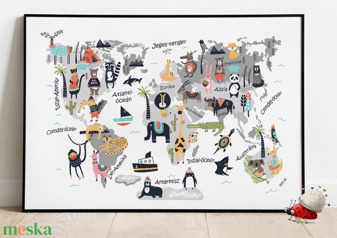 Állatos világtérkép babaszoba poszter Szülinapi zsúr kisfiú kislány ajándékötlet, Kontinens földgömb atlasz falidekor - otthon & lakás - babaszoba, gyerekszoba - babaszoba kép - Meska.hu