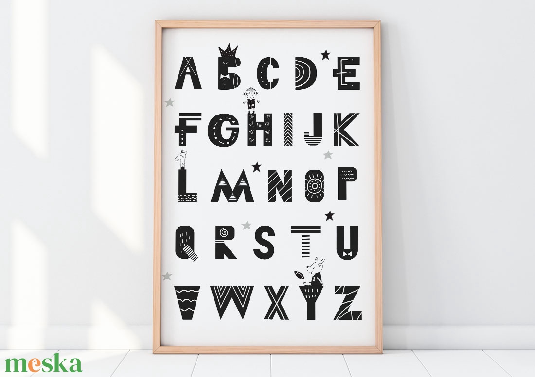 ABC angol fekete fehér, gyerekszoba dekoráció, monokróm szülinap tanuló poszter falikép lány, újszülött, babaváró kisfiú - otthon & életmód - dekoráció - kép & falikép - poszter - Meska.hu