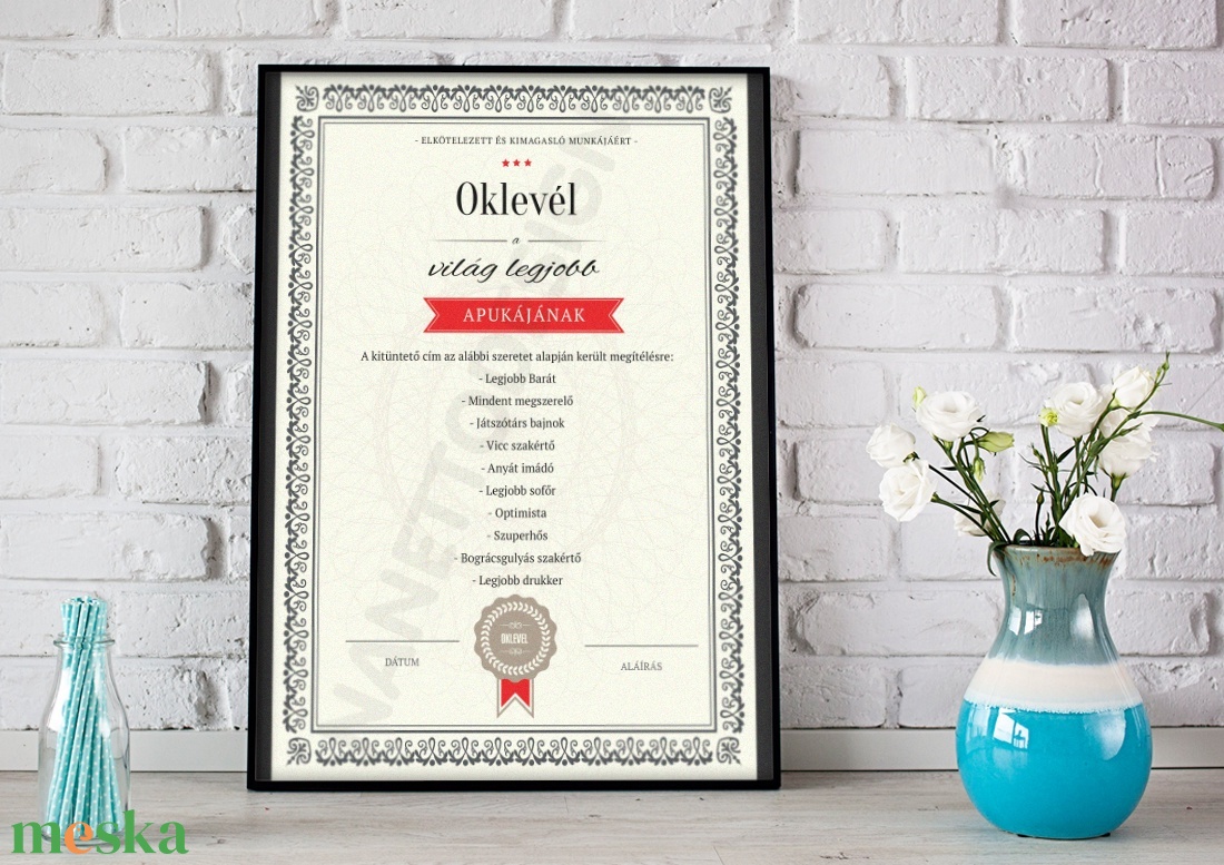 Legjobb Apa oklevél KERETTEL, Egyedi kitüntés édesapa apu részére, Szuperhős kitüntetés, Vidám szülinapi certification  - otthon & életmód - dekoráció - fali és függő dekoráció - felirat - Meska.hu