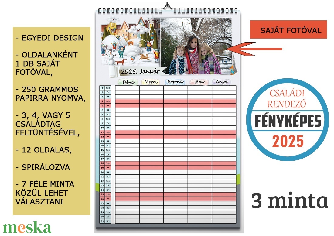 2025-ös Családi rendező fényképes falinaptár, karácsonyi ajándék, ajándékkisérő, képeslap - otthon & életmód - dekoráció - fali és függő dekoráció - falinaptár & öröknaptár - Meska.hu