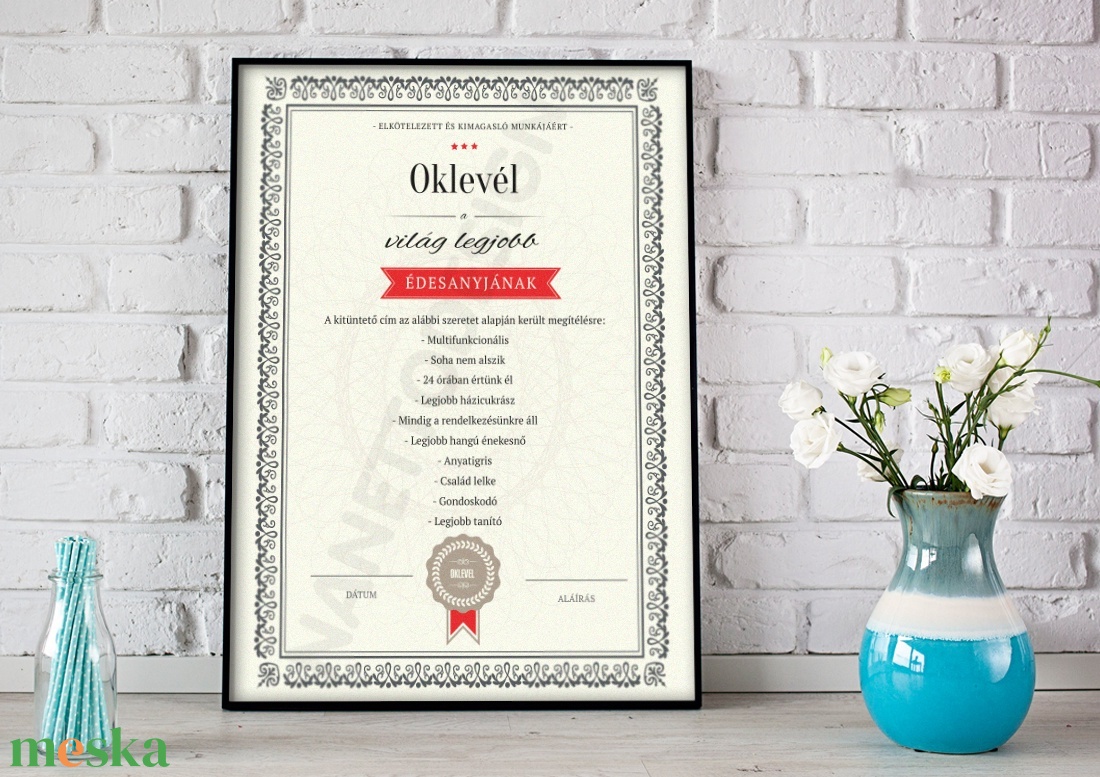 Legjobb Anya, anyáknapja Legjobb Anyu, Édesanya, Mama oklevél, certification, legjobb, kitüntetés Szülinapi poszter - otthon & életmód - dekoráció - kép & falikép - poszter - Meska.hu