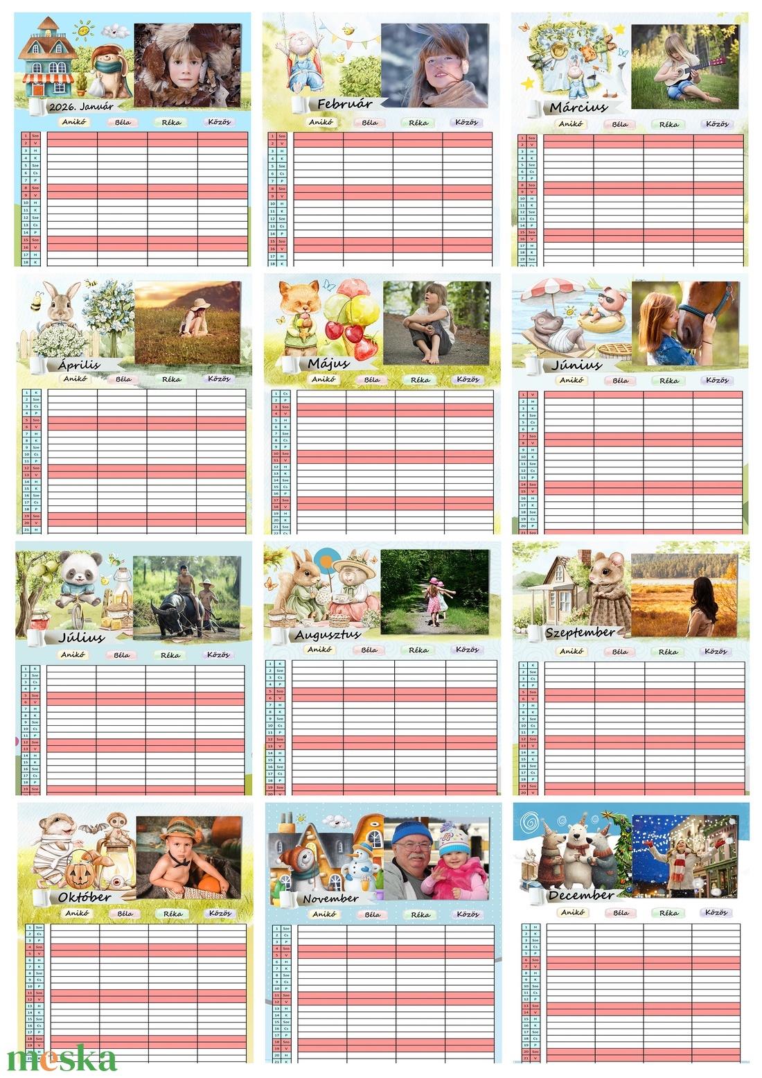 Családi rendező fényképes falinaptár, 2026-os karácsonyi ajándék, ajándékkisérő, képeslap - otthon & életmód - dekoráció - fali és függő dekoráció - falinaptár & öröknaptár - Meska.hu