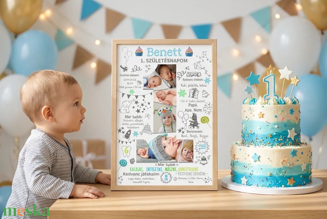 Első születésnapi emléklap kisfiúnak. 1 éves egyedi babaposzter adatokkal, Mérföldkő fotókollázs  szülinapra - baba - mama - babaszoba dekoráció - babaszoba kép - Meska.hu