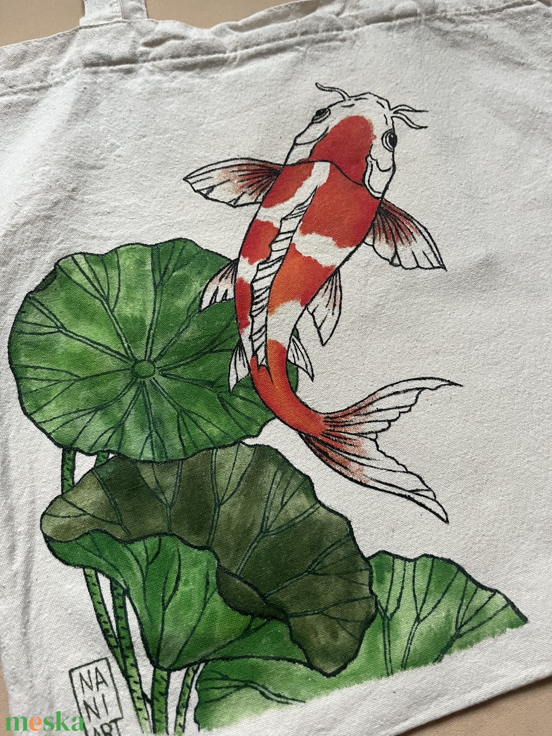 Kézzel festett vászon táska - Lótusz és Koi  - táska & tok - bevásárlás & shopper táska - shopper, textiltáska, szatyor - Meska.hu