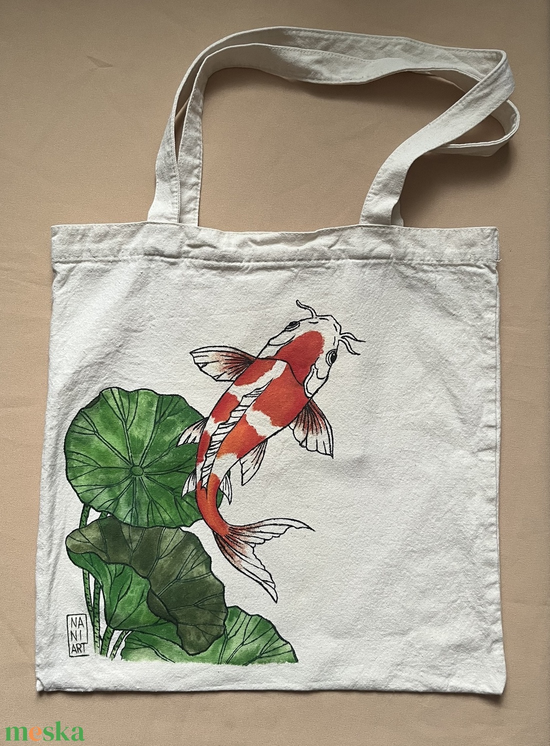 Kézzel festett vászon táska - Lótusz és Koi  - táska & tok - bevásárlás & shopper táska - shopper, textiltáska, szatyor - Meska.hu