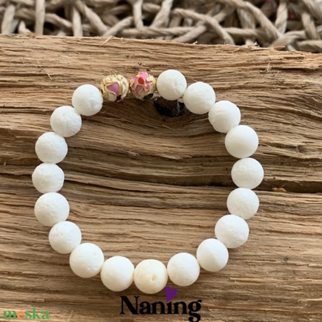 Fehér lávakő/rekeszzománc gyöngy - gumis karkötő - ékszer - karkötő - ásványkarkötő - Meska.hu
