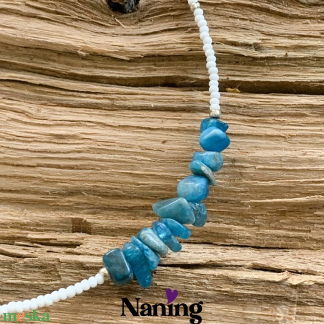 Gyöngynyaklánc - kék apatit ásványcsipsz betéttel - ékszer - nyaklánc - gyöngyös nyaklánc - Meska.hu