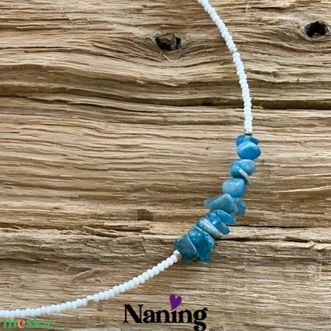 Gyöngynyaklánc - kék apatit ásványcsipsz betéttel - ékszer - nyaklánc - gyöngyös nyaklánc - Meska.hu
