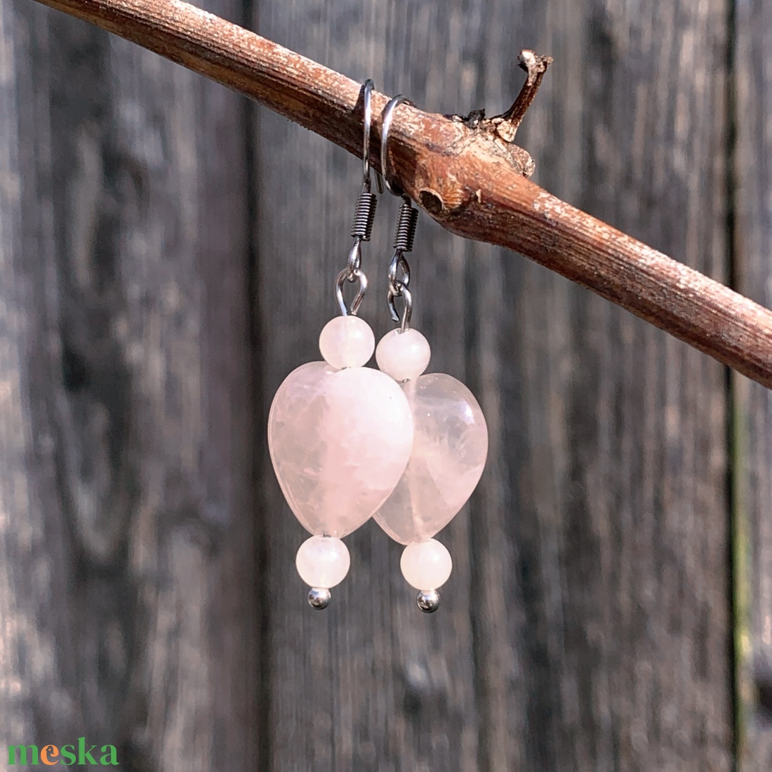 Rózsakvarc szív - fülbevaló - ékszer - fülbevaló - lógó fülbevaló - Meska.hu