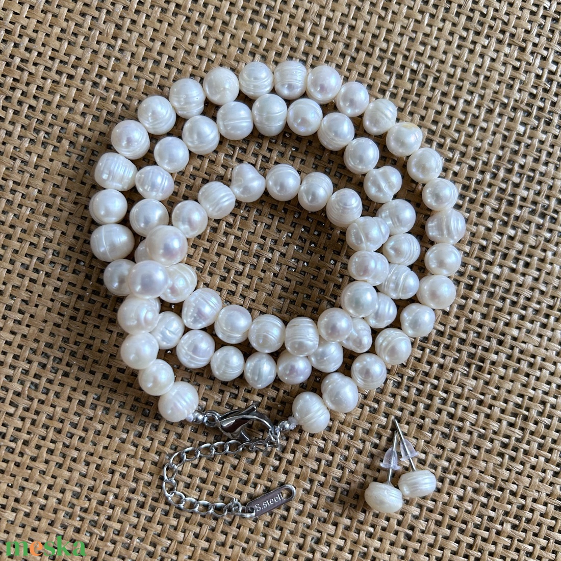 Édesvízi tenyésztettgyöngy - szett - nyaklánc/fülbevaló - 51cm + 6cm lánchosszabbító - esküvő - ékszer - ékszerszett - Meska.hu