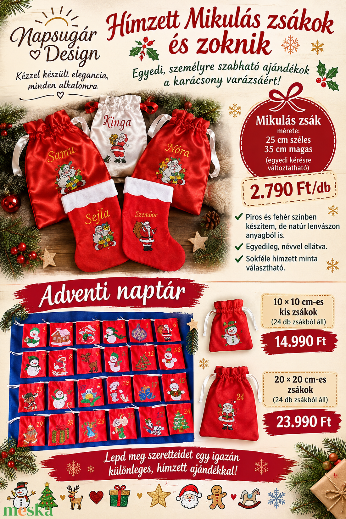 Hímzett adventi naptár, 24 db kis hímzett zsák - karácsony - adventi díszek - adventi naptár - Meska.hu