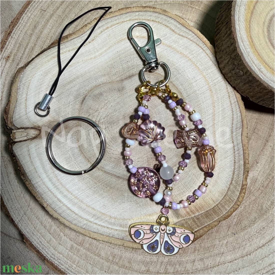 Rózsaszín-lila gyöngy kulcstartó - táska & tok - kulcstartó & táskadísz - kulcstartó - Meska.hu