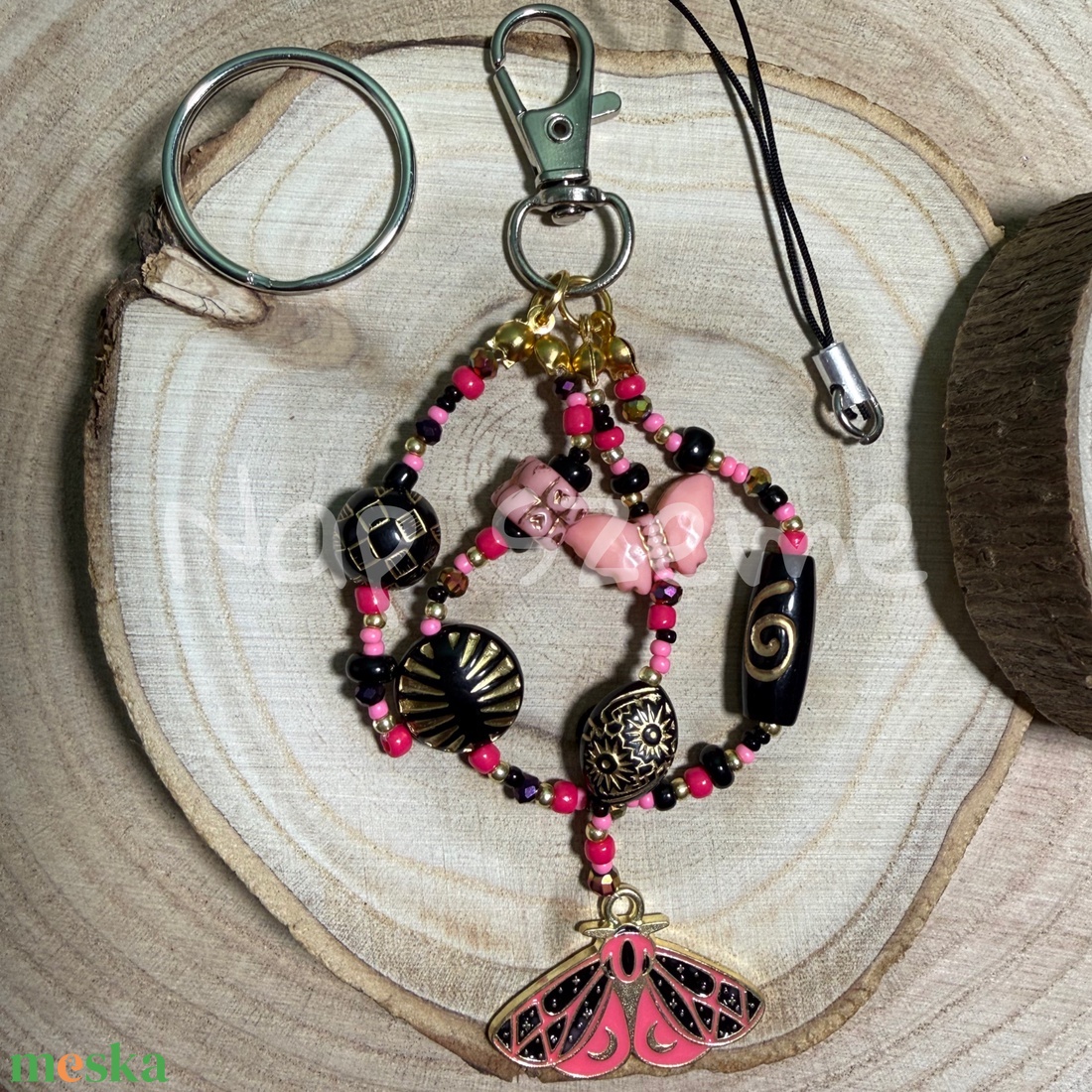 Fekete-rózsaszín gyöngy kulcstartó - táska & tok - kulcstartó & táskadísz - kulcstartó - Meska.hu