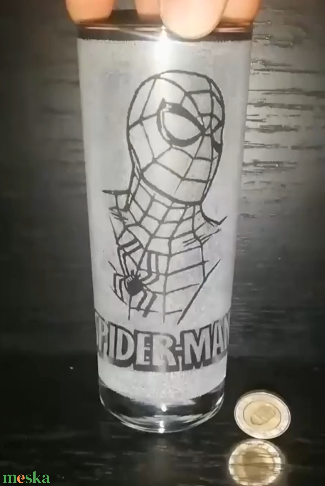 Kézzel gravírozott Pókember mintás üveg pohár  - otthon & életmód - konyhafelszerelés, tálalás - tálalás - pohár - Meska.hu