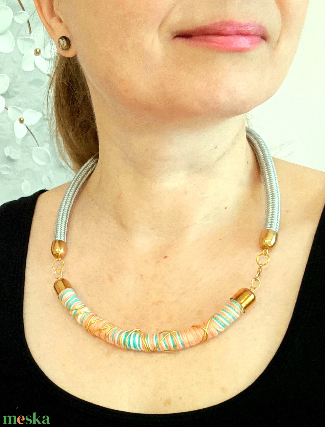Arany-türkiz fonal, kötél nyaklánc - ékszer - nyaklánc - statement nyaklánc - Meska.hu