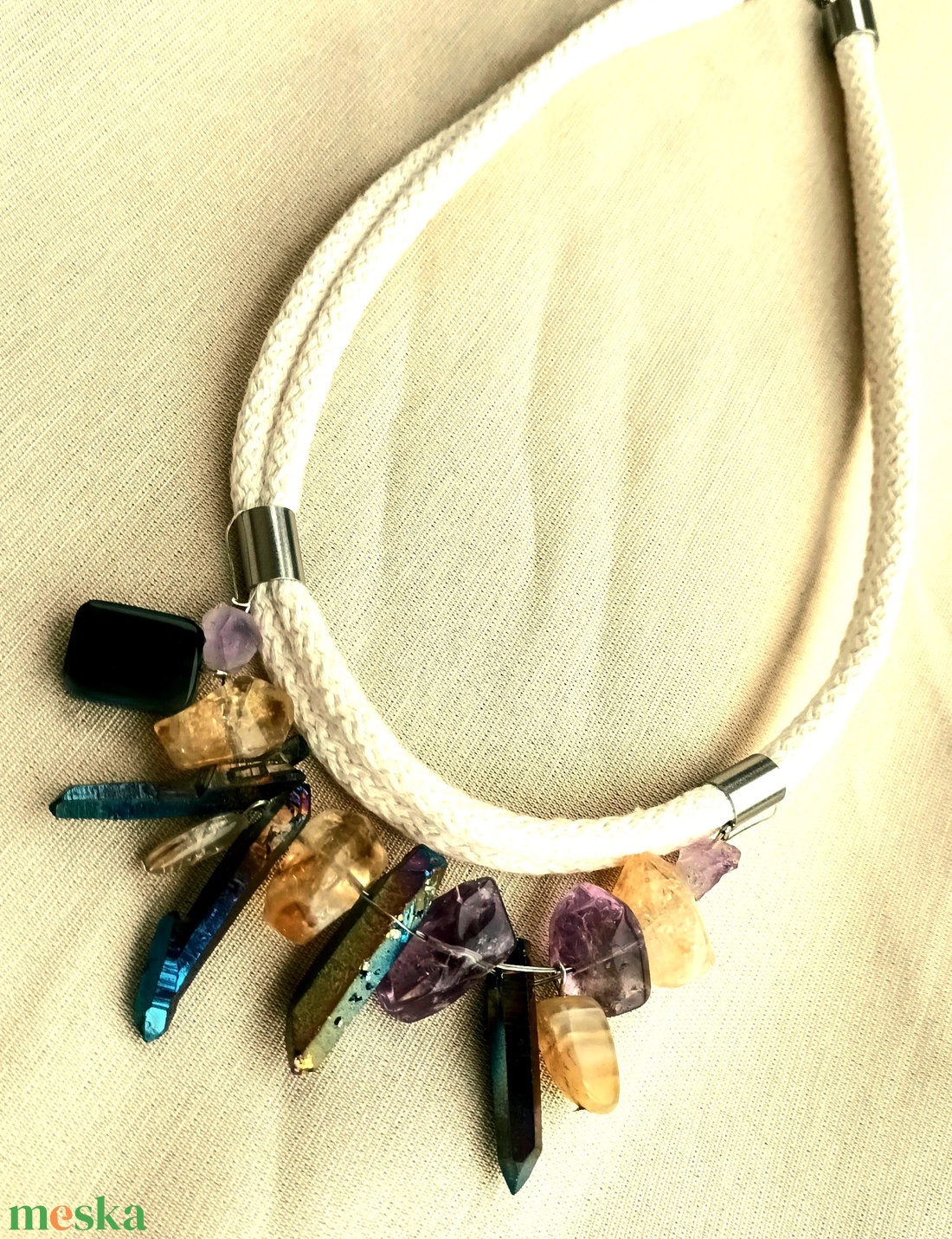 Kék,lila, sárga ásványköves statement nyaklánc - ékszer - nyaklánc - gyöngyös nyaklánc - Meska.hu