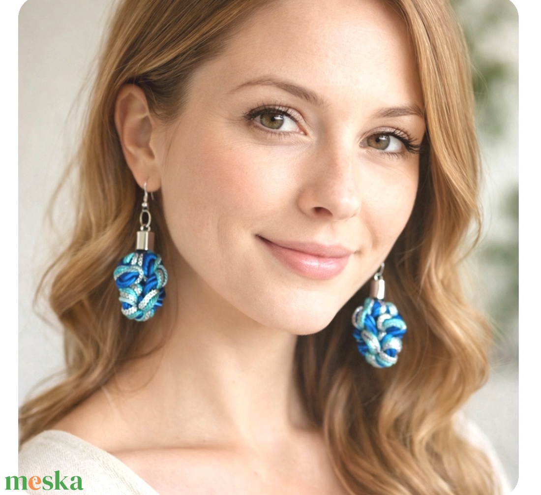 Kék, csomózott Design fülbevaló - ékszer - fülbevaló - lógó csepp fülbevaló - Meska.hu