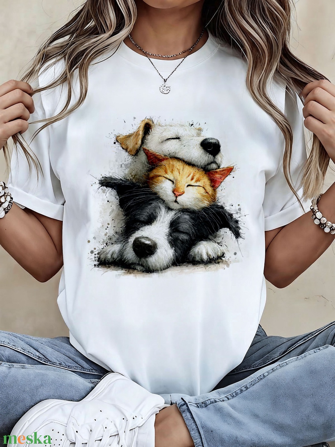 kutya-macska barátság póló  - ruha & divat - női ruha - póló, felső - Meska.hu