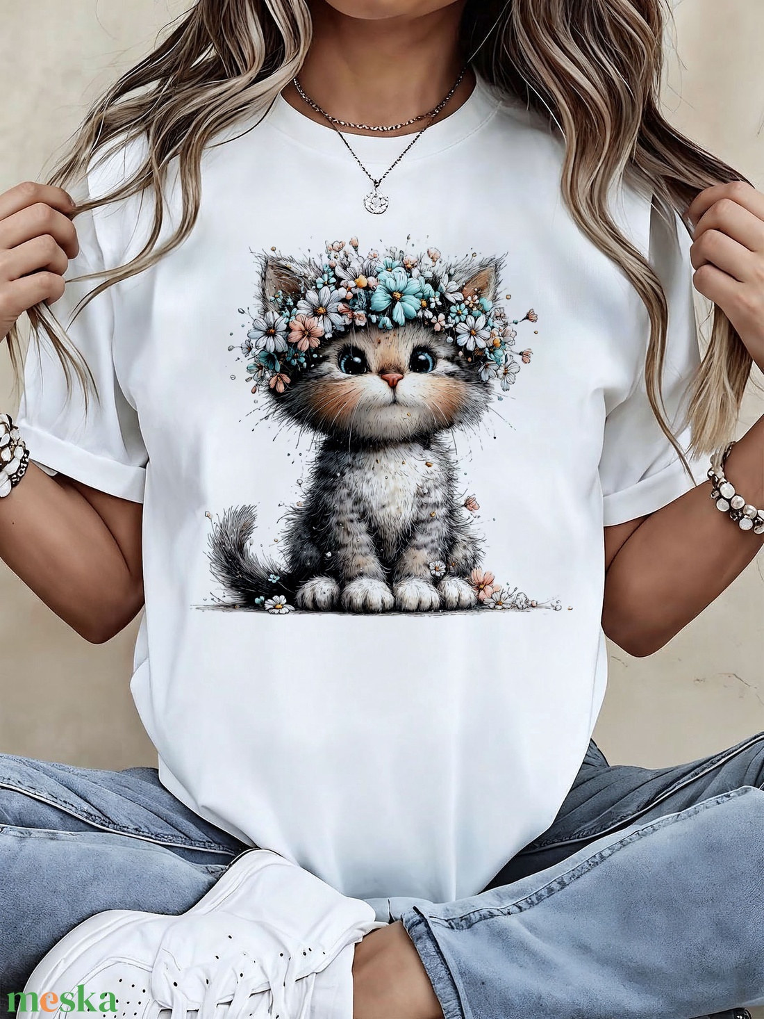 tavaszi cica póló  - ruha & divat - női ruha - póló, felső - Meska.hu