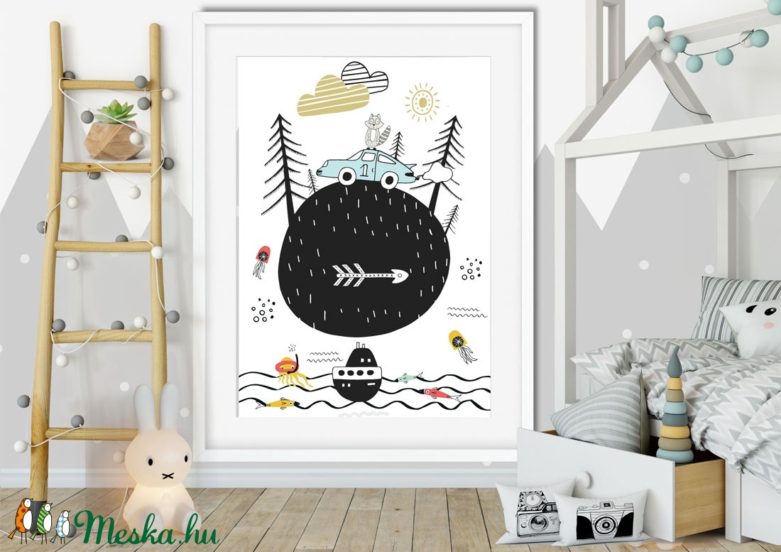 Skandináv minimál stilusú gyerekszoba falidekor KERETTEL, 1 éves szülinapi poszter, Tengeri világ témájú polip medúza - otthon & életmód - Meska.hu