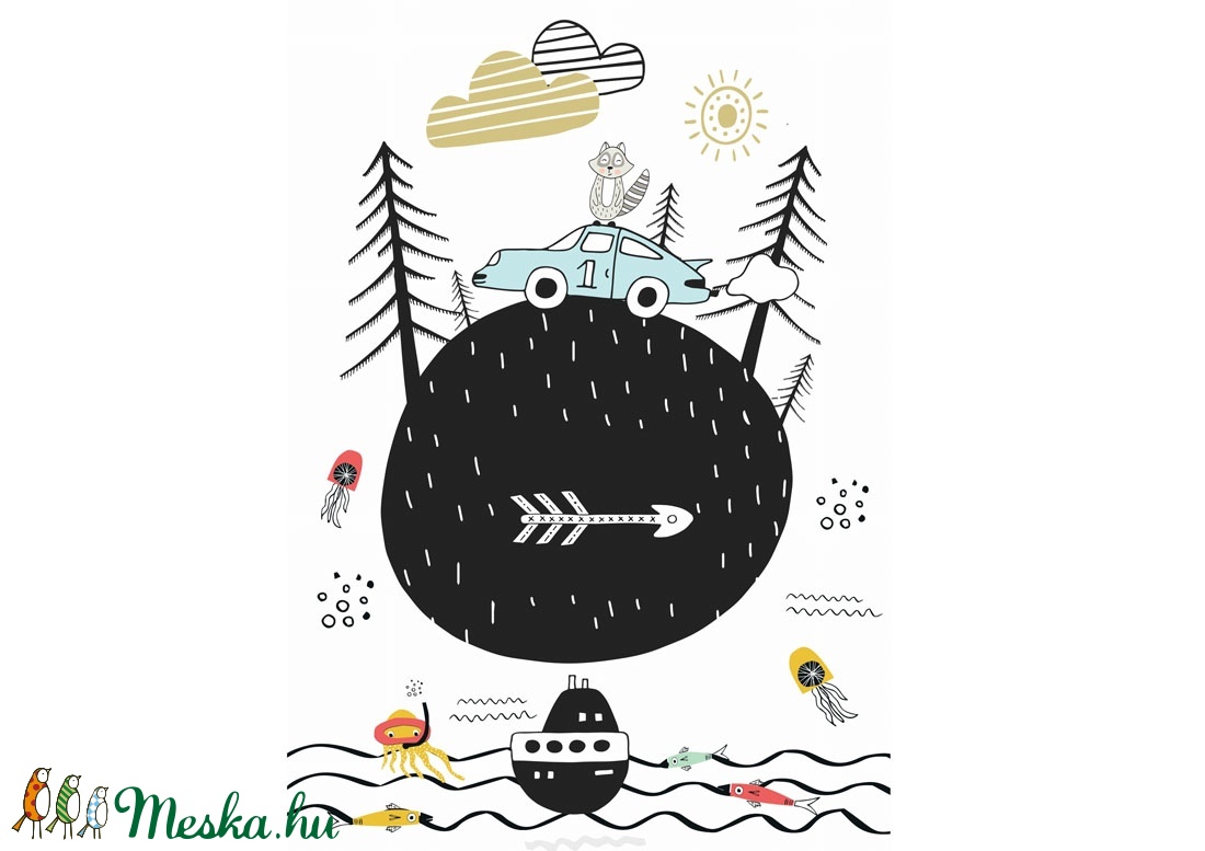 Skandináv minimál stilusú gyerekszoba falidekor KERETTEL, 1 éves szülinapi poszter, Tengeri világ témájú polip medúza - otthon & életmód - Meska.hu