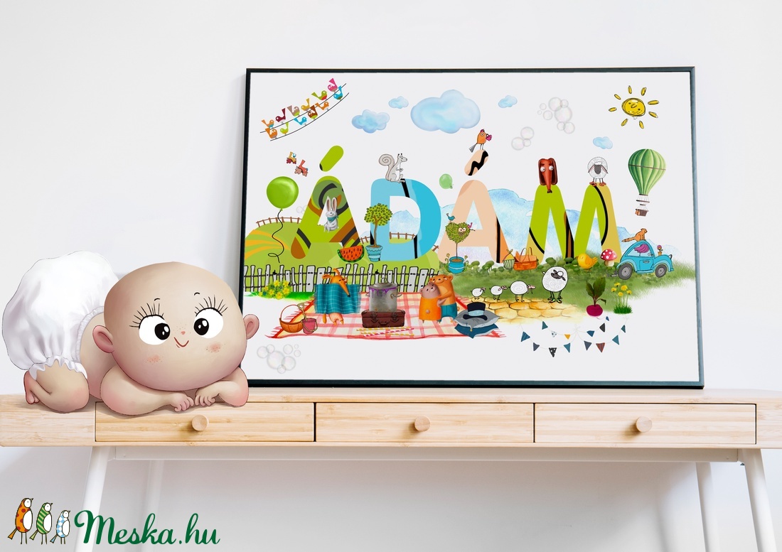 Egyedi kisfiú névtábla poszter KERETTEL, Keresztelő ajándék, Szülinapi névadó monogram névreszóló gyerekszoba print - otthon & életmód - dekoráció - Meska.hu
