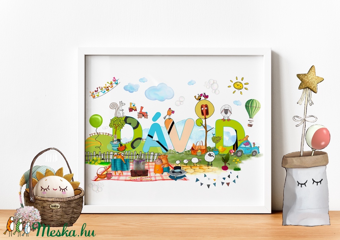 Egyedi kisfiú névtábla poszter KERETTEL, Keresztelő ajándék, Szülinapi névadó monogram névreszóló gyerekszoba print - otthon & életmód - dekoráció - Meska.hu
