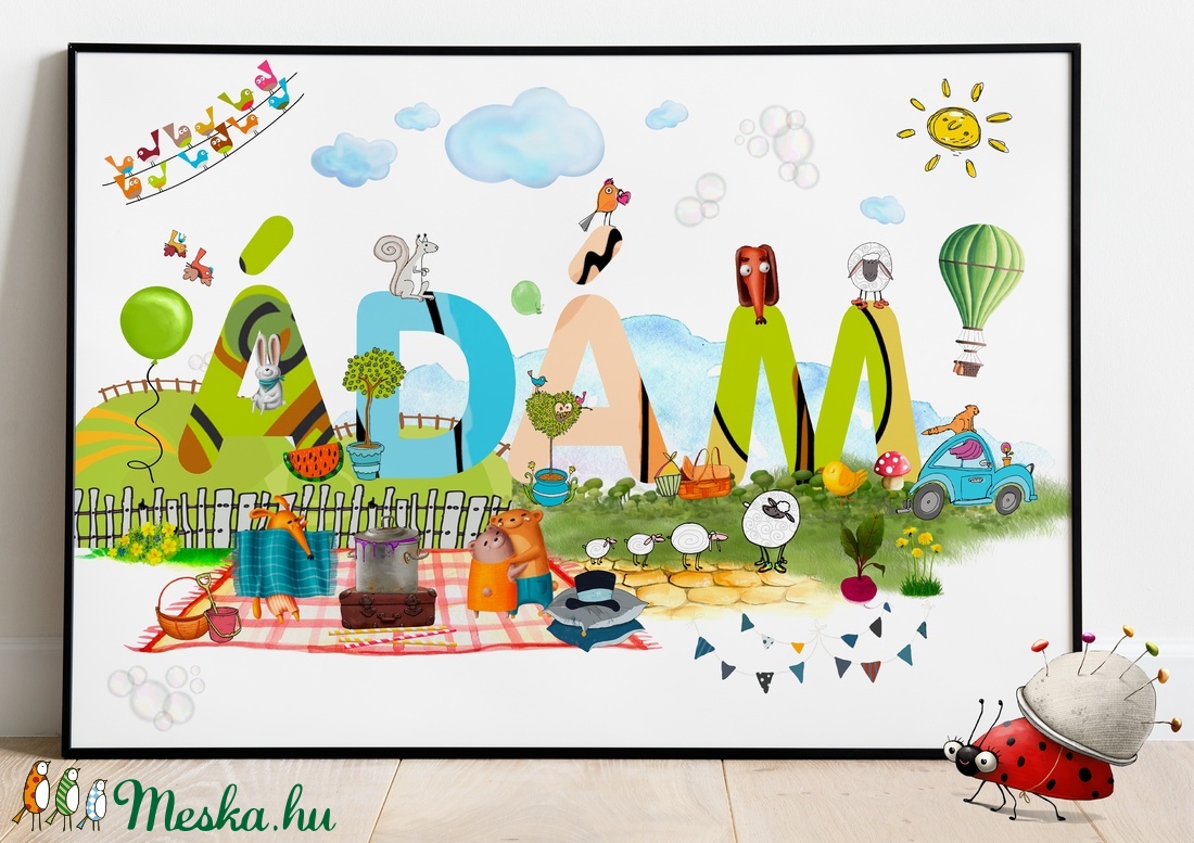 Egyedi kisfiú névtábla poszter KERETTEL, Keresztelő ajándék, Szülinapi névadó monogram névreszóló gyerekszoba print - otthon & életmód - dekoráció - Meska.hu