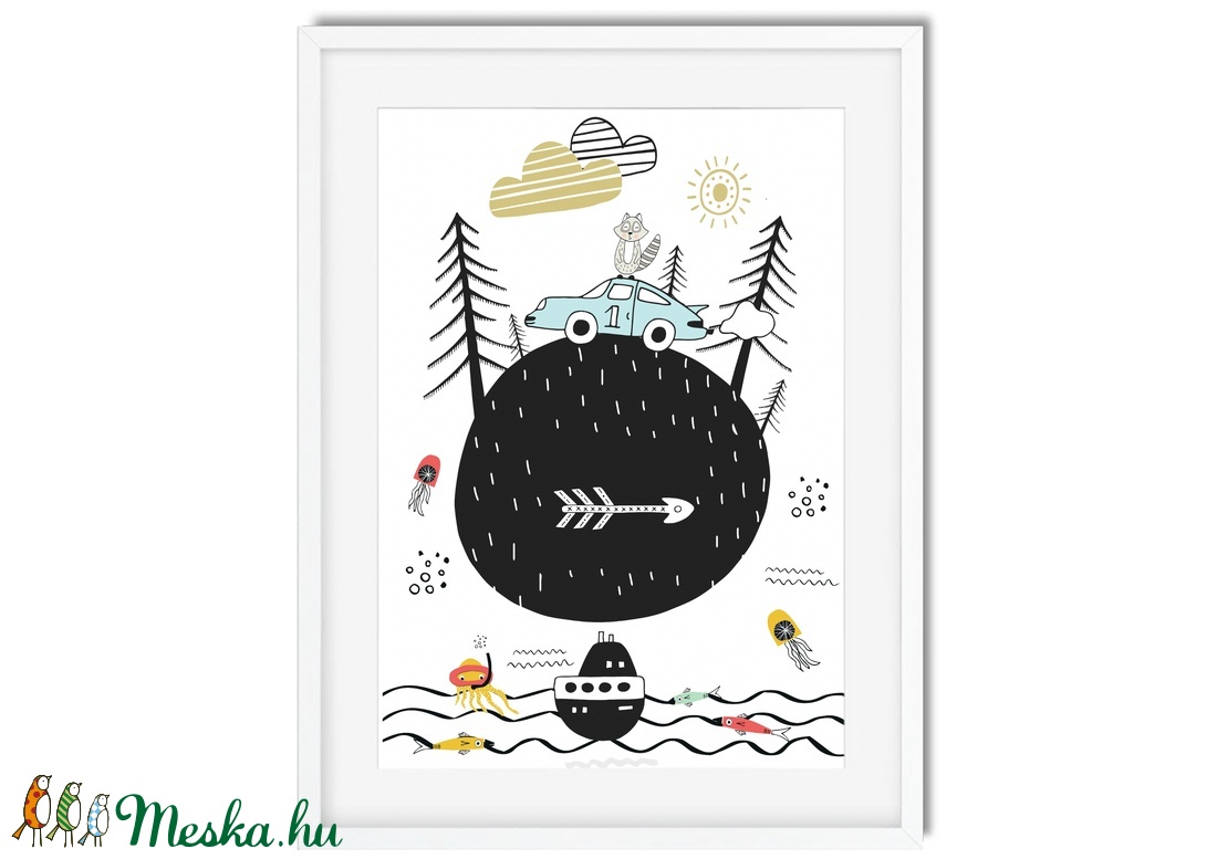 Skandináv minimál stilusú gyerekszoba falidekor KERETTEL, 1 éves szülinapi poszter, Tengeri világ témájú polip medúza - otthon & életmód - Meska.hu