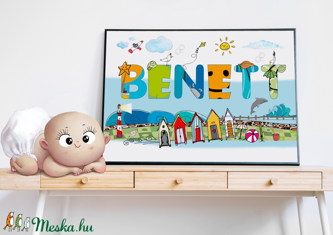 Egyedi kisfiú névtábla poszter KERETTEL, Keresztelő ajándék, Szülinapi névadó monogram névreszóló gyerekszoba print  - otthon & életmód - dekoráció - Meska.hu