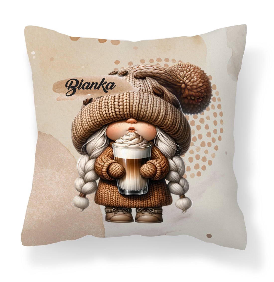 Névvel kérhető - Cappucino kávés manó lány mintás párna - otthon & életmód - lakástextil - párna & párnahuzat - díszpárna (belsővel együtt) - Meska.hu