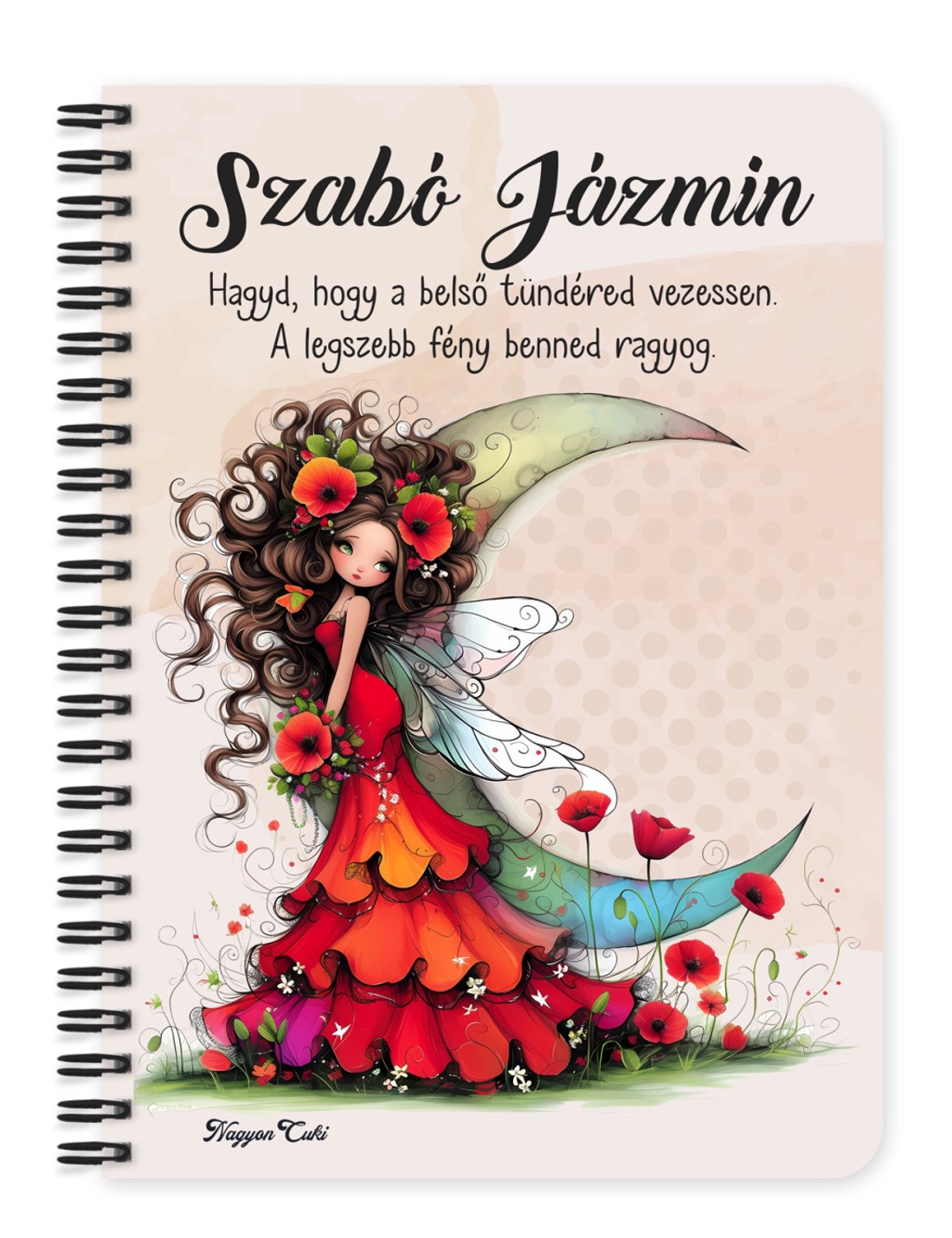 Személyre szabható - Gyönyörű pipacs tündérlány és a hold mintás A5-ös füzet - otthon & életmód - papír, írószer - jegyzetfüzet & napló - Meska.hu