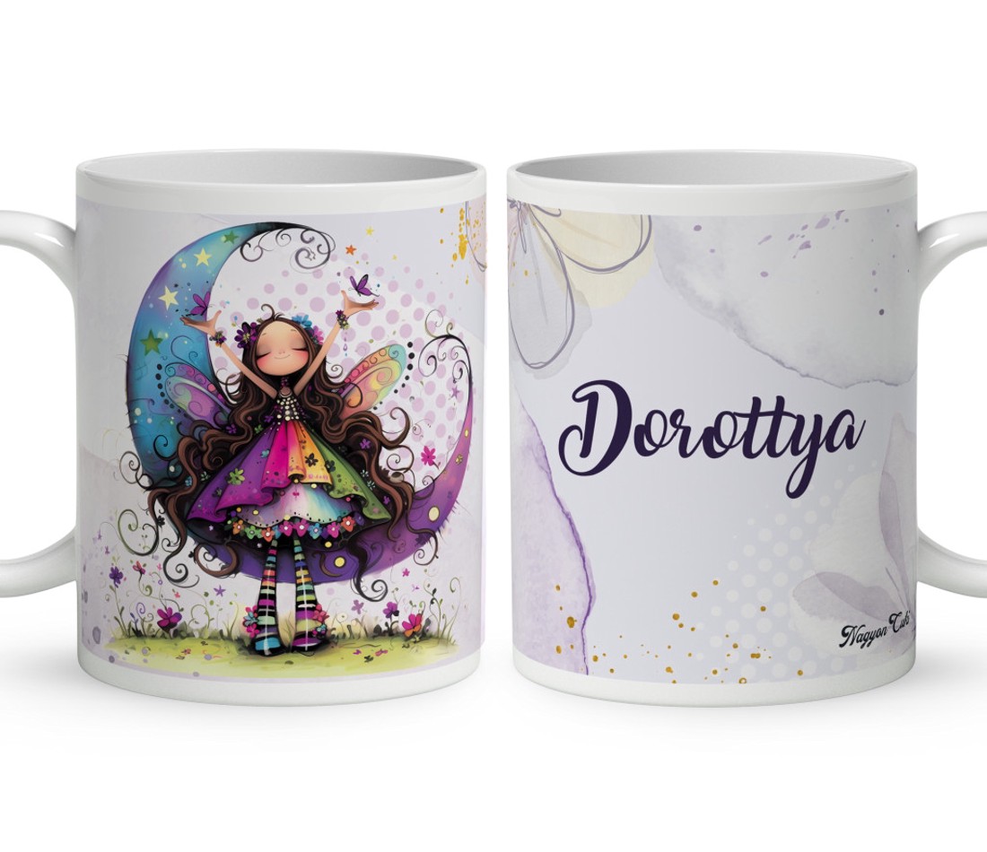 Névvel kérhető - Aranyos lila virágos tündér és a hold mintás bögre - otthon & életmód - konyhafelszerelés, tálalás - tálalás - bögre & csésze - Meska.hu