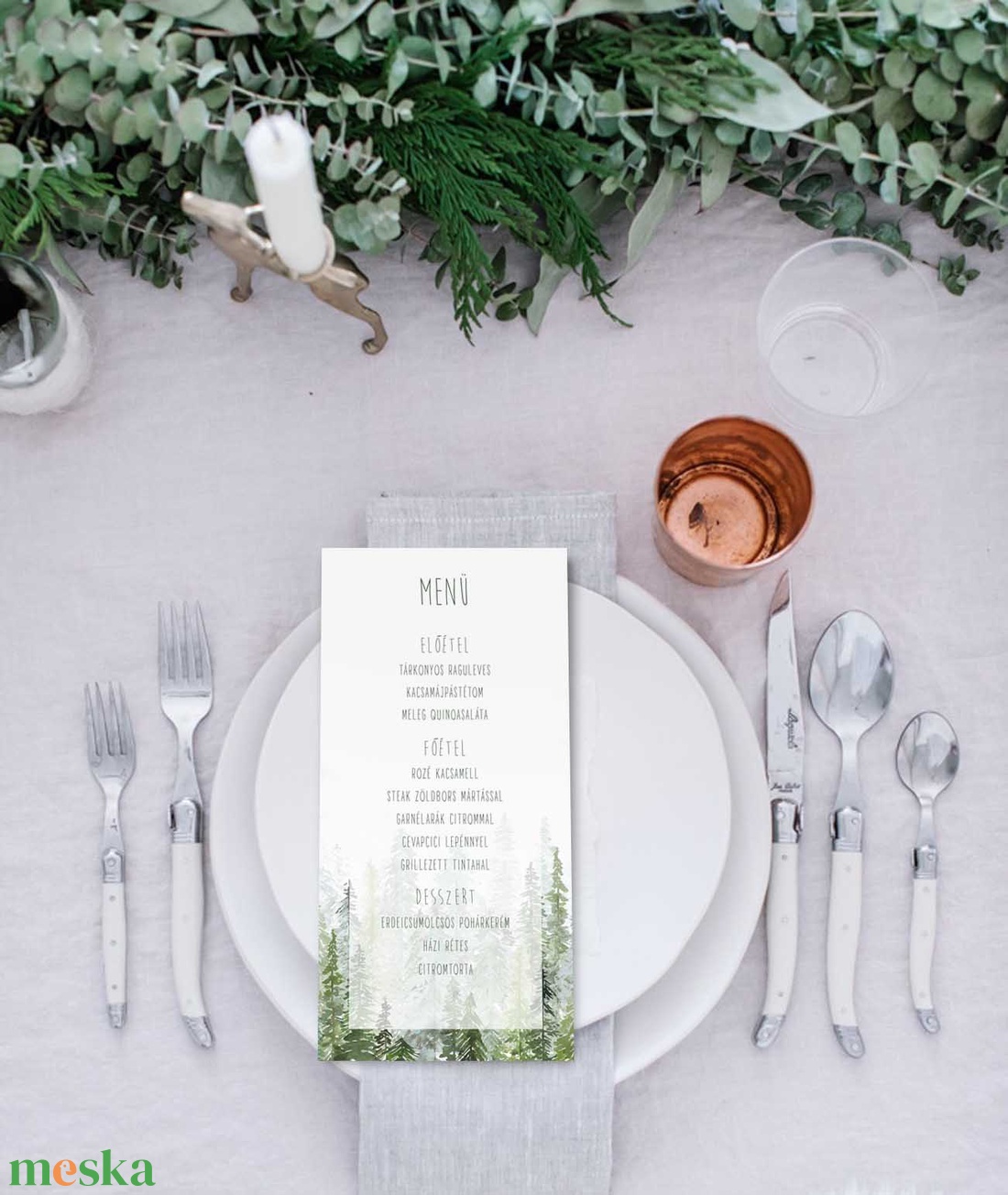 Erdei esküvői menülap, greenery stílusú, esküvői menülap, greenery menülap, zöld menülap, akvarell hatású - esküvő - meghívó & kártya - menü - Meska.hu