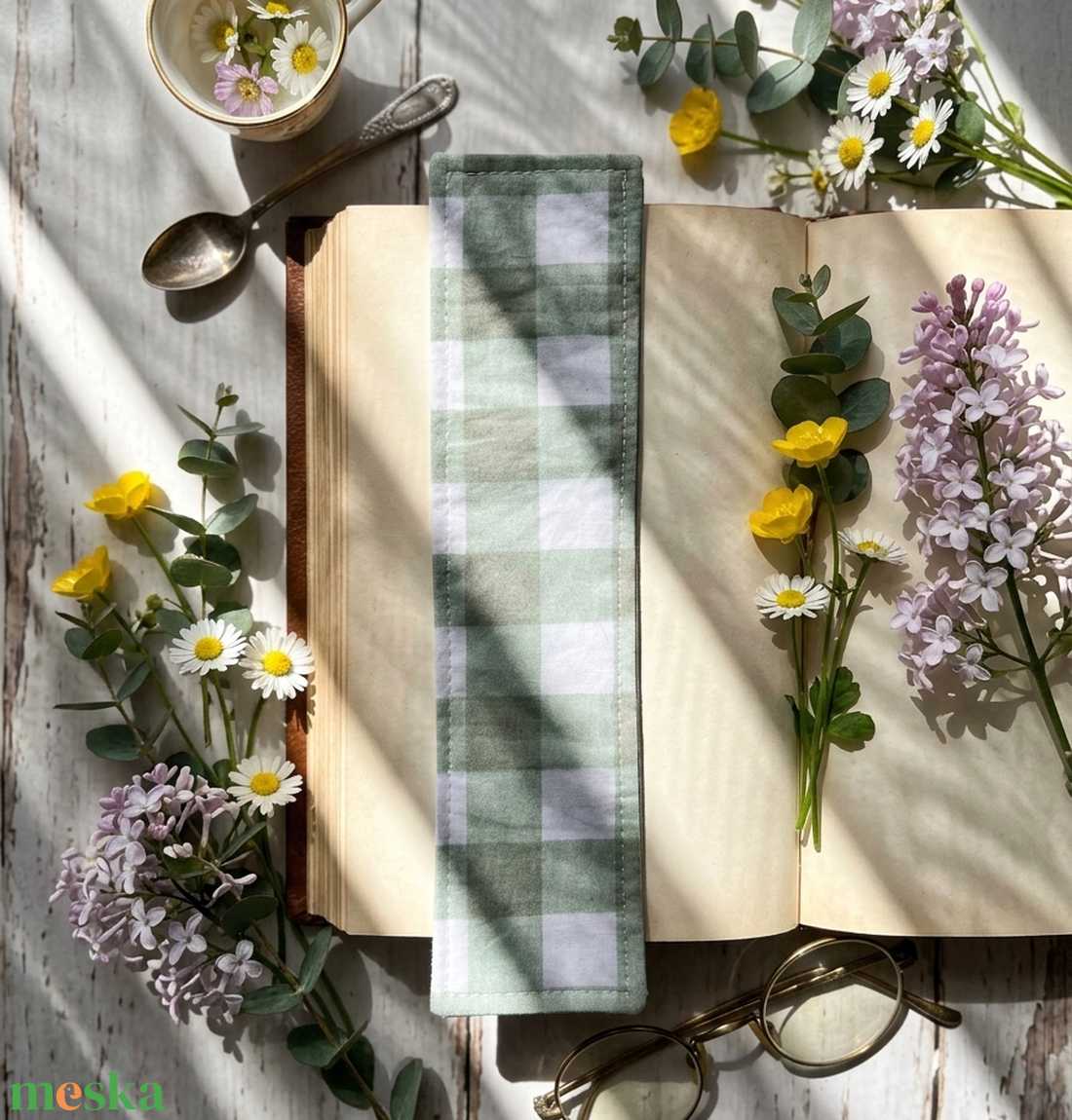 Kézzel Varrt Textil Könyvjelző � Zöld Kockás Gingham Mintával - könyv & zene - könyvjelző - Meska.hu