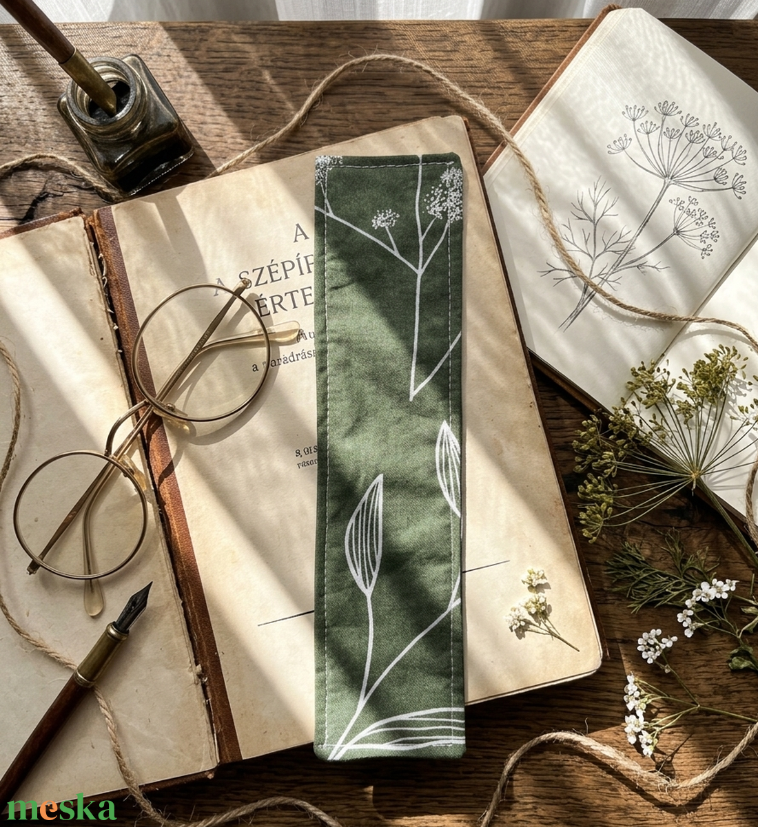 Kézzel Varrt Textil Könyvjelző � Botanikai Elegancia: Olívazöld Alapon Fehér Növényi Mintával - könyv & zene - könyvjelző - Meska.hu