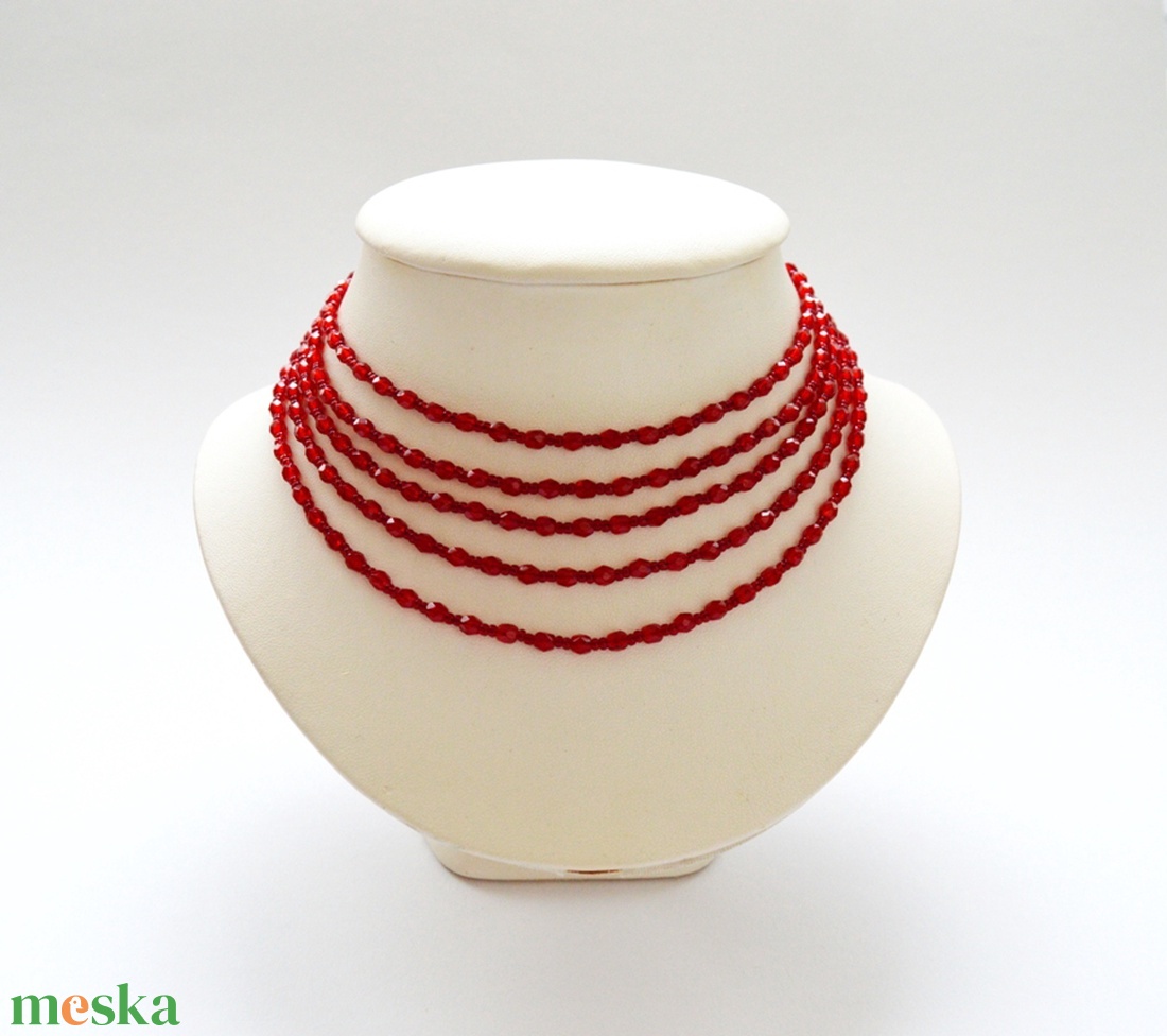 Kislánynak való méretű, 5 soros piros kaláris - 4 mm-es csiszolt üveggyöngyből - ékszer - nyaklánc - párhuzamos nyaklánc - Meska.hu